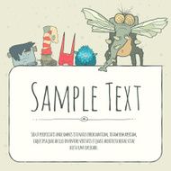 Cute doodle monster greeteng or invitation card with place for N2