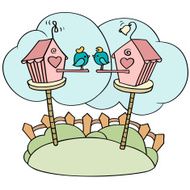 Cute cartoon birds in birdhouses