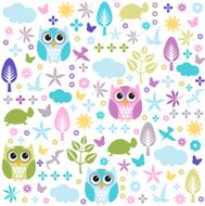 Floral background with owls seamless pattern