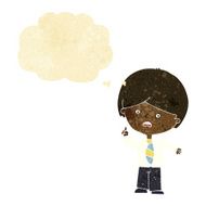 cartoon worried school boy raising hand with thought bubble