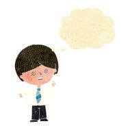cartoon worried school boy raising hand with thought bubble N2