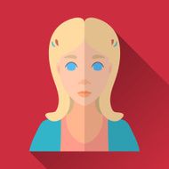 Flat style square shaped female character icon with shadow