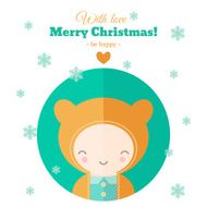 Greeting card with fun child for Christmas in flat