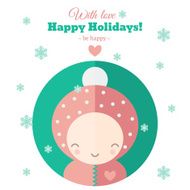 Greeting card with fun child for holidays in flat