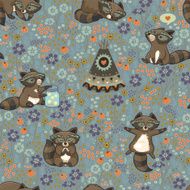 Vector seamless pattern with raccoons in cartoon style