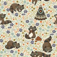 Vector seamless pattern with raccoons in cartoon style N2