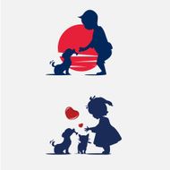 Kids feeding dog and cat