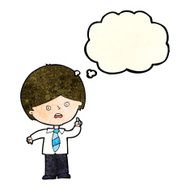 cartoon worried school boy raising hand with thought bubble N3