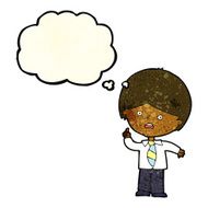 cartoon worried school boy raising hand with thought bubble N4