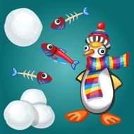 Funny Penguin with Fishes and Snowballs