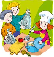 Children on kitchen cook soup from fish - Illustration