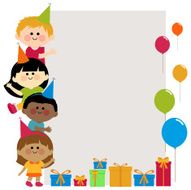 Group of birthday party kids holding vertical blank banner