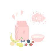 Vector illustration with yoghurt and fruits on a table