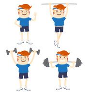 Set of Hipster funny sportsmen doing exercises Flat style