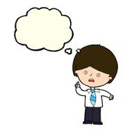cartoon worried school boy raising hand with thought bubble N5