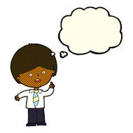 cartoon worried school boy raising hand with thought bubble N6