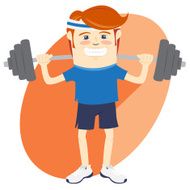 Hipster funny man lifting barbell Flat style