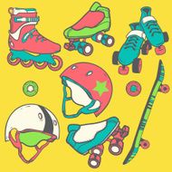 set of roller skates helmets wheel