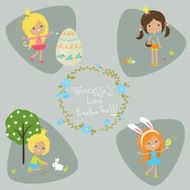 Four little princesses Cartoon illustration Easter time