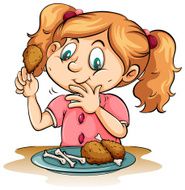 Hungry girl eating chicken