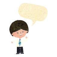 cartoon worried school boy raising hand with speech bubble N2