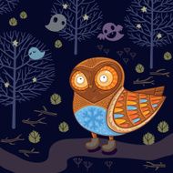 Cute cartoon owl in the night forest with ghosts