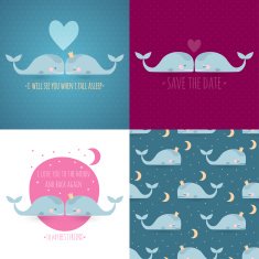 set of 4 romantic greeting cards with whales