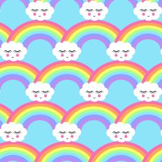 Seamless pattern with smiling sleeping clouds and rainbows