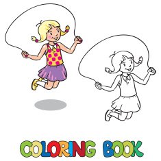 Girl jumps with rope Coloring book