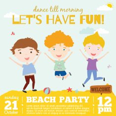 Vector invitation card on summer beach party with smiling kids N4