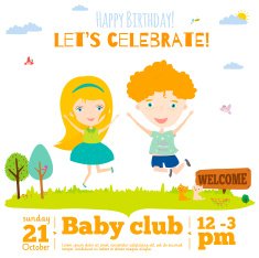 Vector birthday invitation card on baby party with smiling kids N5