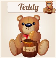 Teddy bear and the barrel of honey Cartoon vector illustration