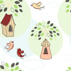 Seamless pattern with trees and birds