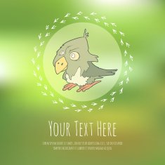 Hand drawn vector cartoon bird on blurred background Greeteng or