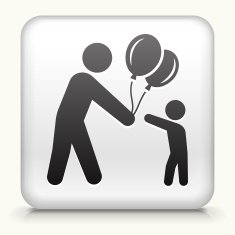 Square Button with Stick Figure & Balloons