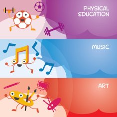 Education Characters Banner Physical Music Art