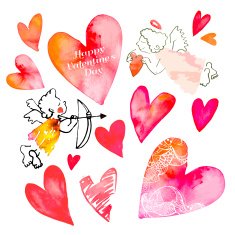 Set of hearts and cupids Valentine Day Watercolor heart Vector