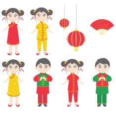 Cartoon style Asian girl in traditional