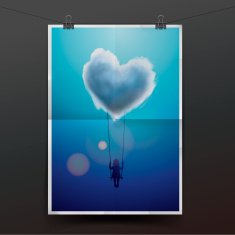 Little girl on a swing under heart shape cloud