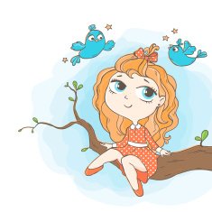 Girl birds and tree branch