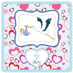 Cartoon stork with baby boy card N4