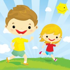 Happy boy and girl running in sunny day