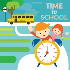 Boy and Girl Student Riding Alarm Clock to School