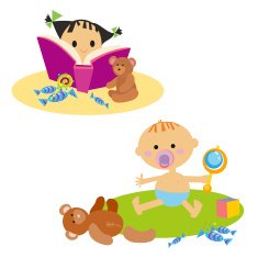 Little girl reading book Baby with toy