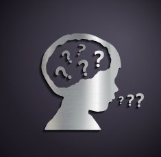 Flat metallic logo of children's heads with a question mark