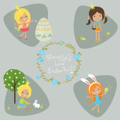 Four little princesses Cartoon illustration Easter time