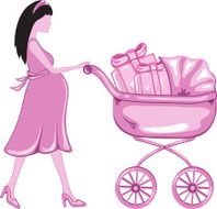 Young pregnant woman with a pink baby carrier full