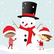 Boy and girl playing with snowman