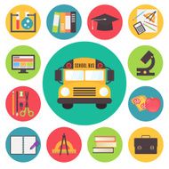 Back to school bus and supplies vector icons set flat