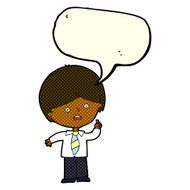 cartoon worried school boy raising hand with speech bubble N5